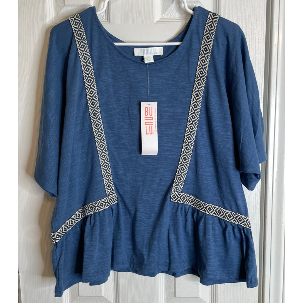 Bunulu Womens Boho Cotton Short Sleeve Top Sz Large Peplum Braid Trim Shirt NWT